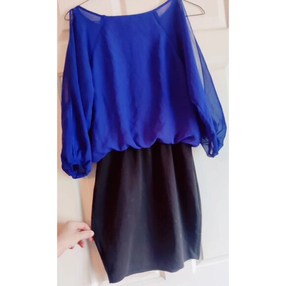 BONGO Dress Blue Black Split Sleeves Short Size Juniors S Small Bodycon Pencil - Picture 8 of 8